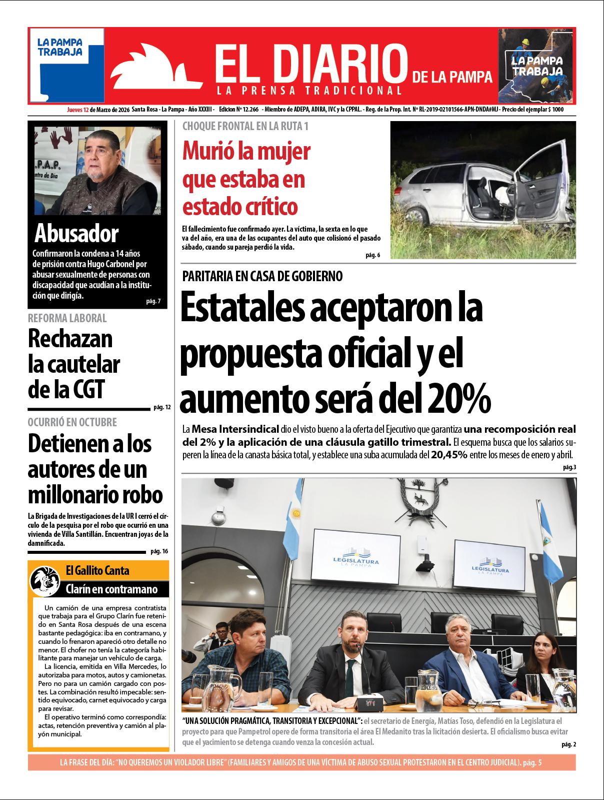 Tapa de El Diario en papel  jueves 12 de marzo de 2026